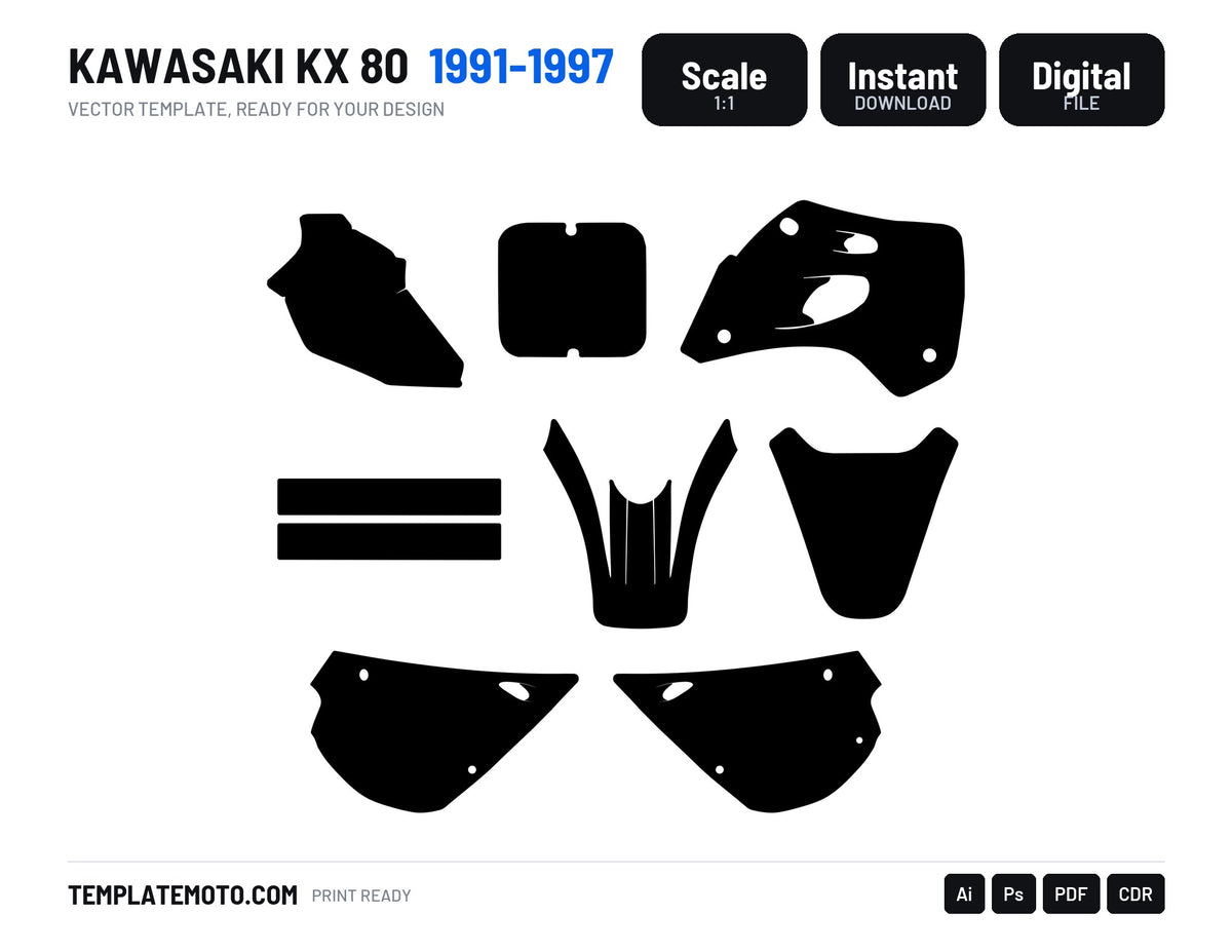 Kawasaki KX 80 1991-1997 motocross graphics template, scale 1:1 vector file