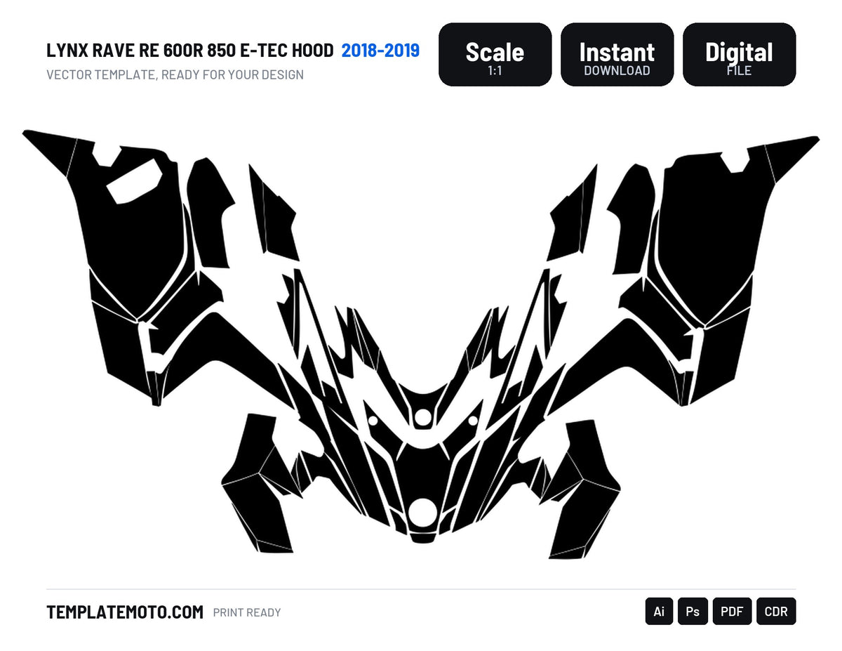 LYNX RAVE RE 600R 850 E-TEC HOOD 2018-2019 Snowmobile Graphics Template Vector, scale 1:1 vector file