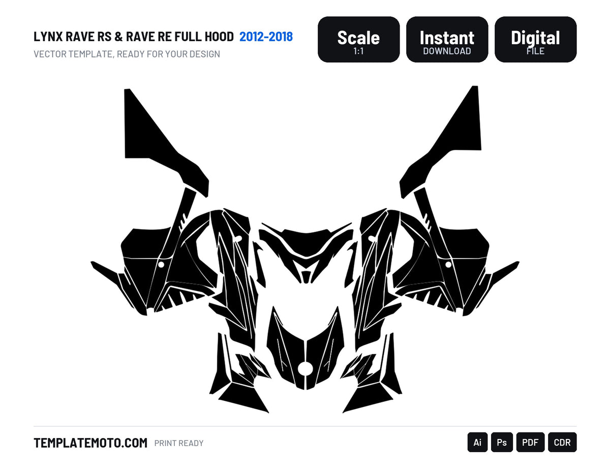 LYNX RAVE RS & RAVE RE FULL HOOD 2012-2018 Snowmobile Graphics Template Vector, scale 1:1 vector file