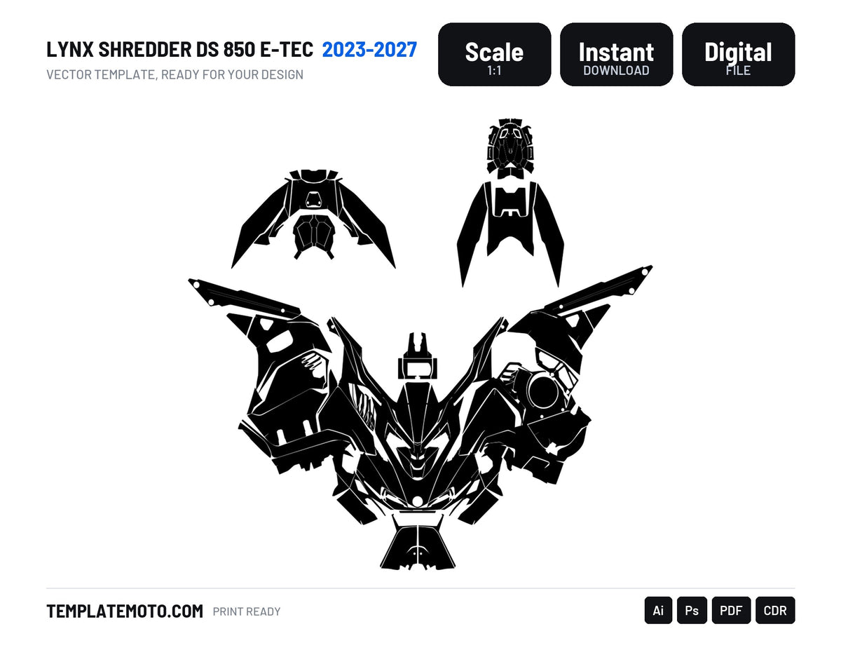 LYNX SHREDDER DS 850 E-TEC NON-TURBO & TURBO R 2023-2027 Snowmobile Graphics Template Vector, scale 1:1 vector file