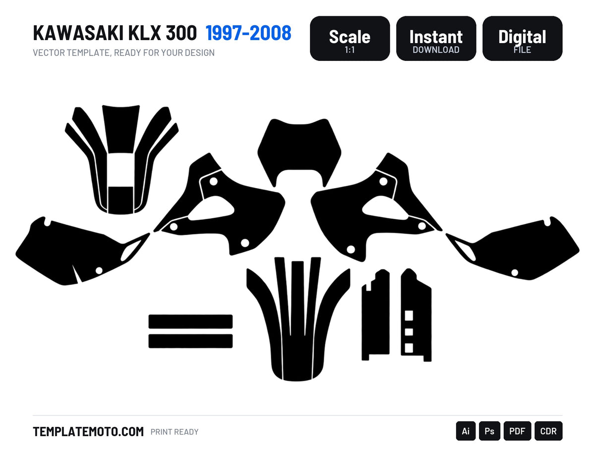 KAWASAKI KLX 300 1997-2008 Graphics Template Vector, scale 1:1 vector file