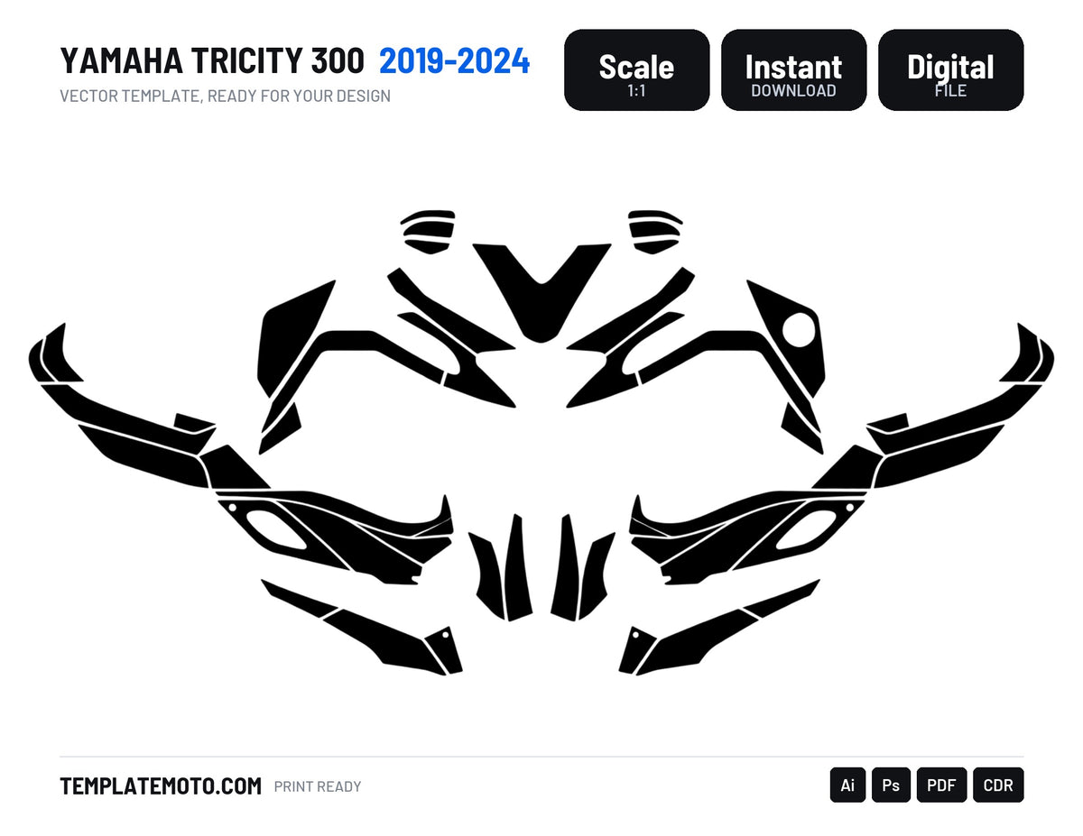 YAMAHA TRICITY 300 2019-2024 Graphics Template Vector, scale 1:1 vector file