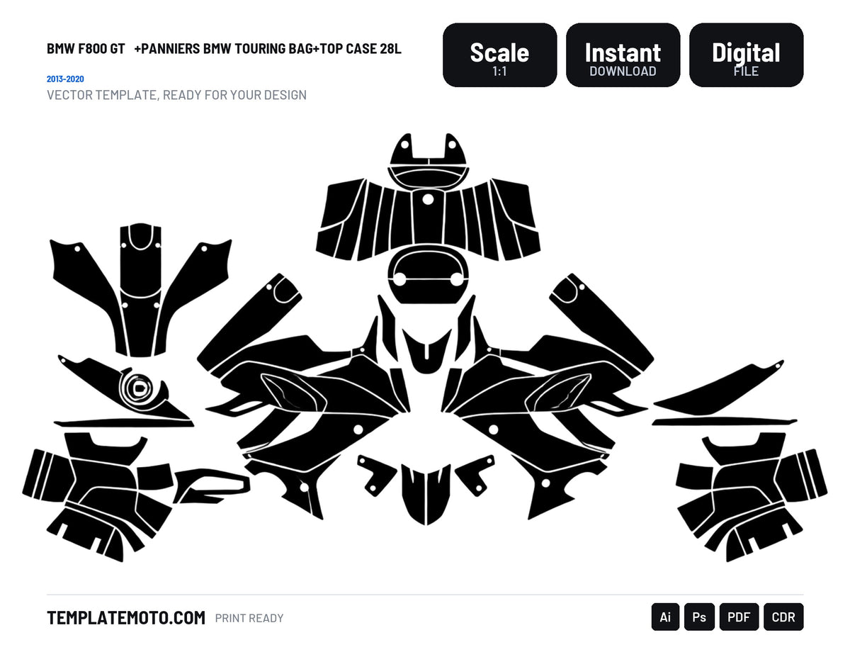 BMW F800 GT 2013-2020 +PANNIERS BMW TOURING BAG+TOP CASE 28L Graphics Template Vector, scale 1:1 vector file