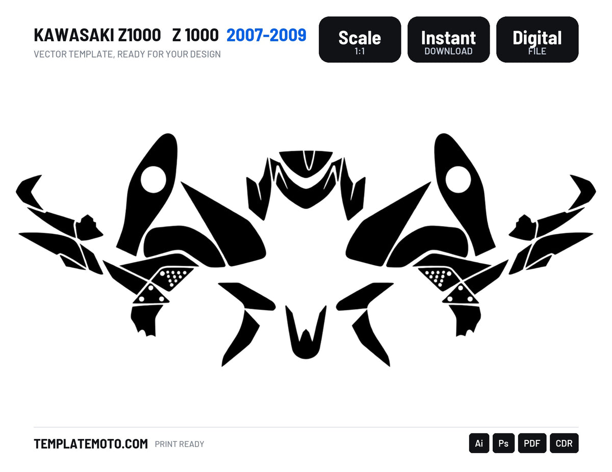 KAWASAKI Z1000 2007-2009 Z 1000 Vector Graphics Template, scale 1:1 vector file