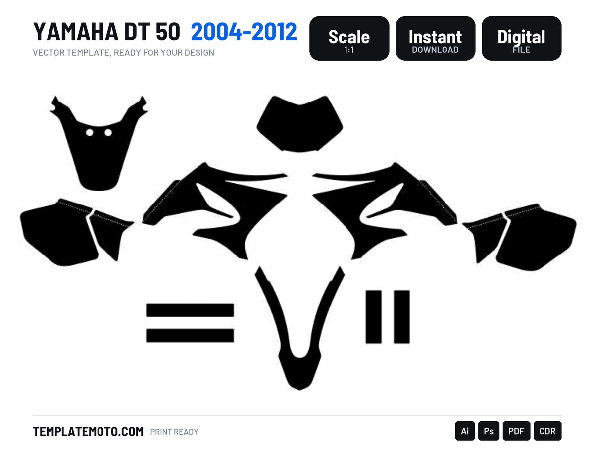 YAMAHA DT 50 2004 2005 2006 2007 2008 2009 2010 2011 2012 Graphics Template, scale 1:1 vector file