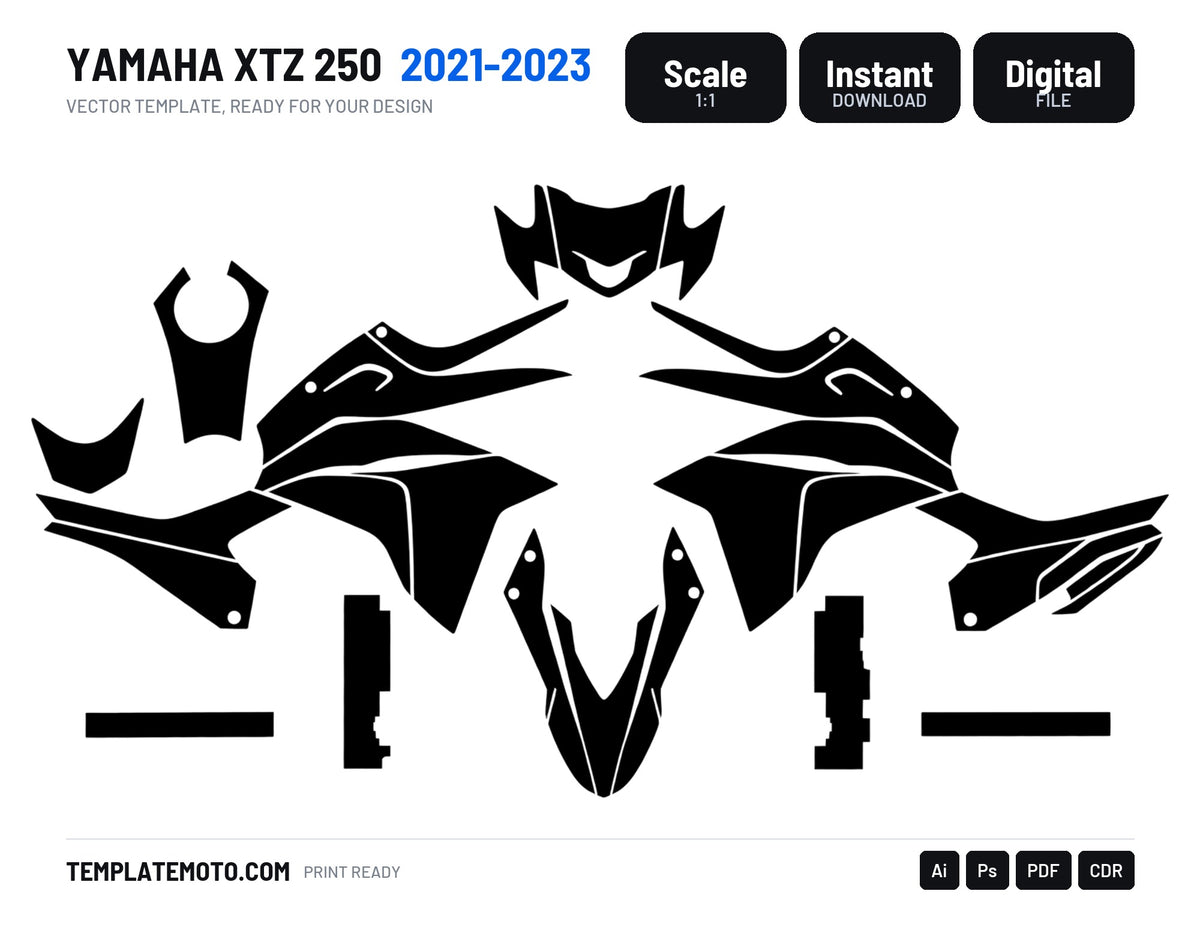 YAMAHA XTZ 250 2021-2023 Graphics Template Vector, scale 1:1 vector file