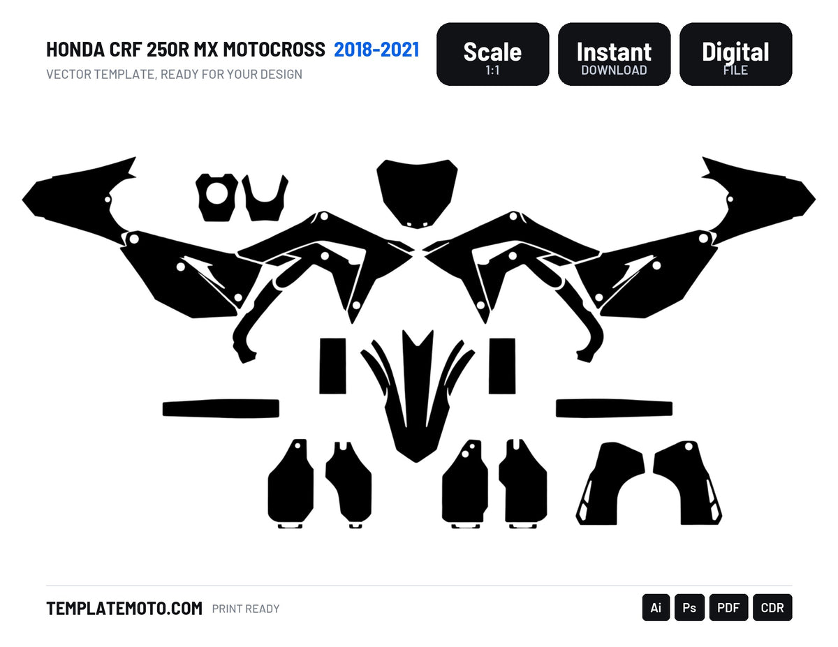 Honda CRF 250R MX Motocross 2018 2019 2020 2021 Graphics Template, scale 1:1 vector file