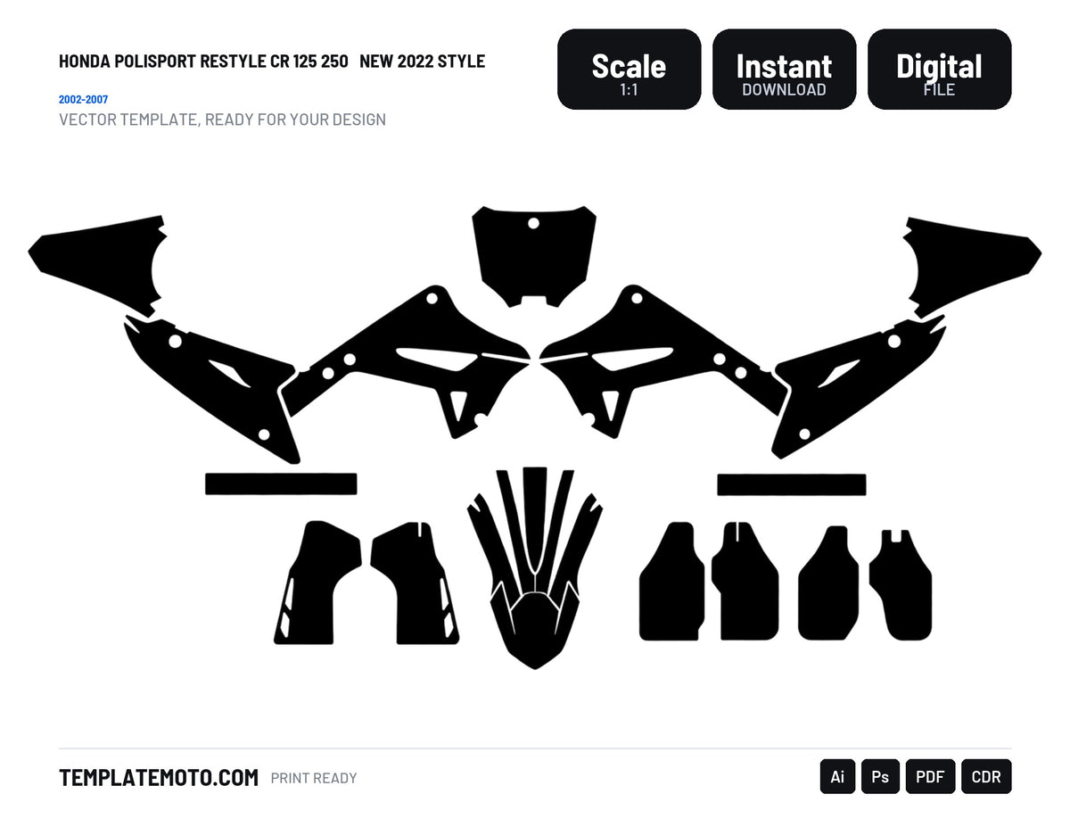 HONDA POLISPORT RESTYLE CR 125 250 2002-2007 NEW 2022 STYLE Graphics Template Vector, scale 1:1 vector file