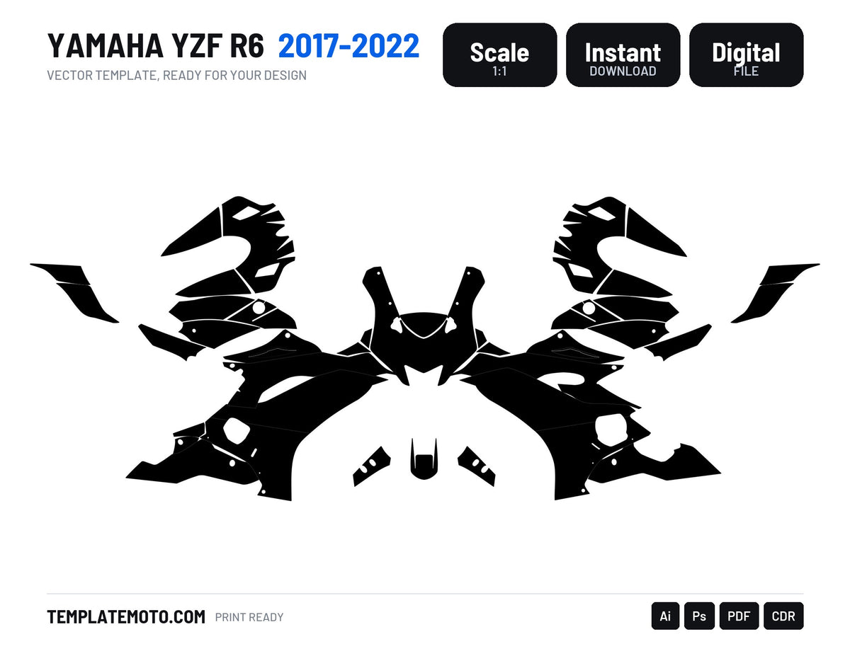 Yamaha YZF R6 2017-2022 graphics template, scale 1:1 vector file