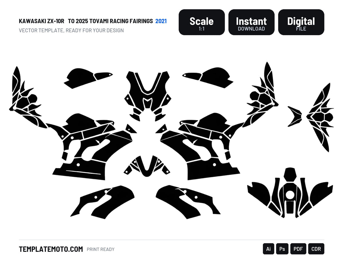 KAWASAKI ZX-10R 2021 TO 2025 TOVAMI RACING FAIRINGS Graphics Template Vector, scale 1:1 vector file