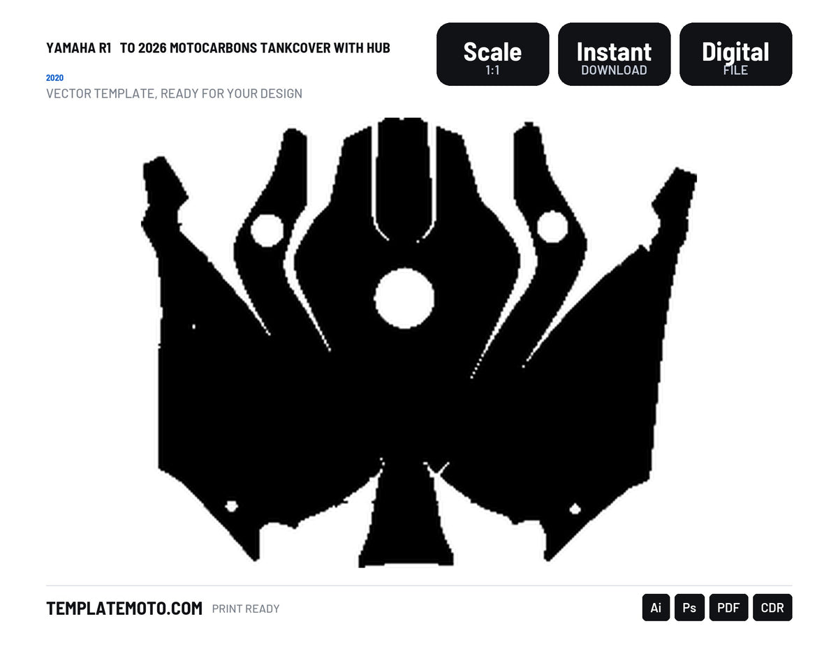 YAMAHA R1 2020 TO 2026 MOTOCARBONS TANKCOVER WITH HUB Graphics Template Vector, scale 1:1 vector file