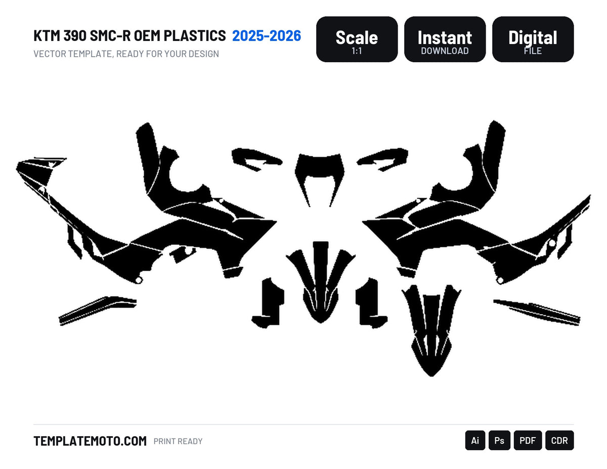 KTM 390 SMC-R 2025 2026 OEM PLASTICS Graphics Template Vector, scale 1:1 vector file