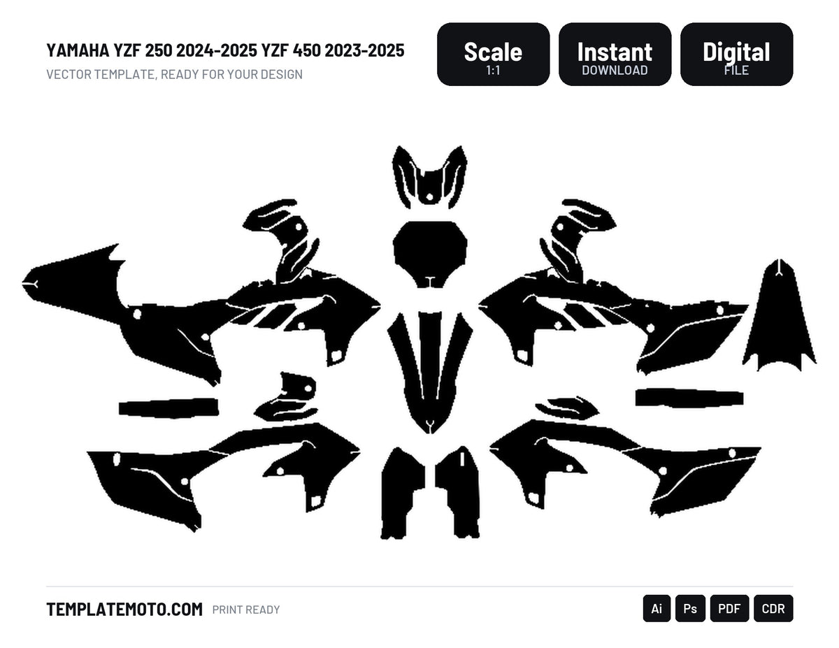 YAMAHA YZF 250 2024-2025 YZF 450 2023-2025 Graphics Template Vector, scale 1:1 vector file