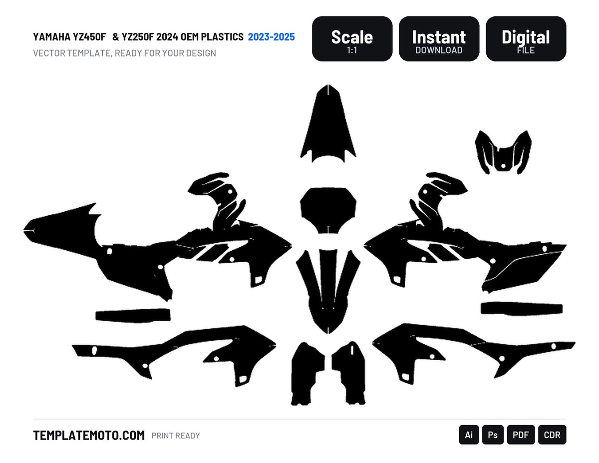YAMAHA YZ450F 2023 - 2025 & YZ250F 2024 OEM PLASTICS Graphics Template Vector, scale 1:1 vector file