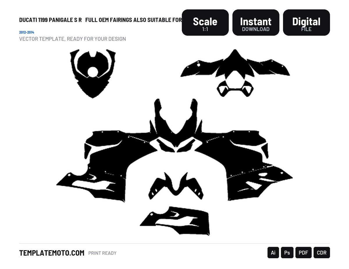 DUCATI 1199 PANIGALE S R 2012 - 2014 FULL OEM FAIRINGS ALSO SUITABLE FOR PPF Graphics Template Vector, scale 1:1 vector file