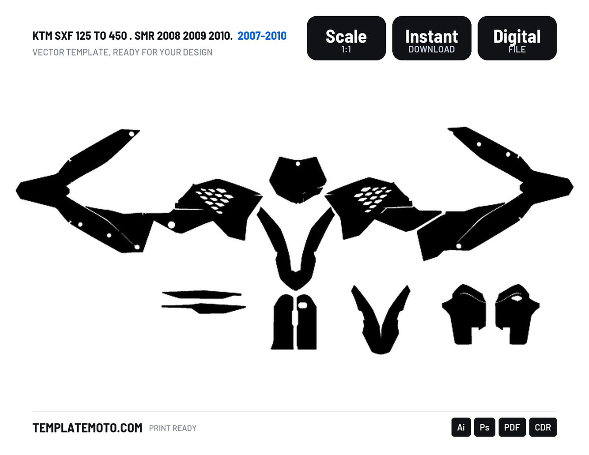 KTM SXF 125 TO 450 2007 2008 2009 2010 . SMR 2008 2009 2010. Graphics Template Vector, scale 1:1 vector file