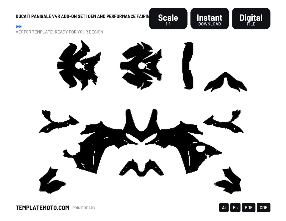 DUCATI PANIGALE V4R ADD-ON SET! OEM AND PERFORMANCE FAIRINGS 2026 Graphics Template Vector, scale 1:1 vector file