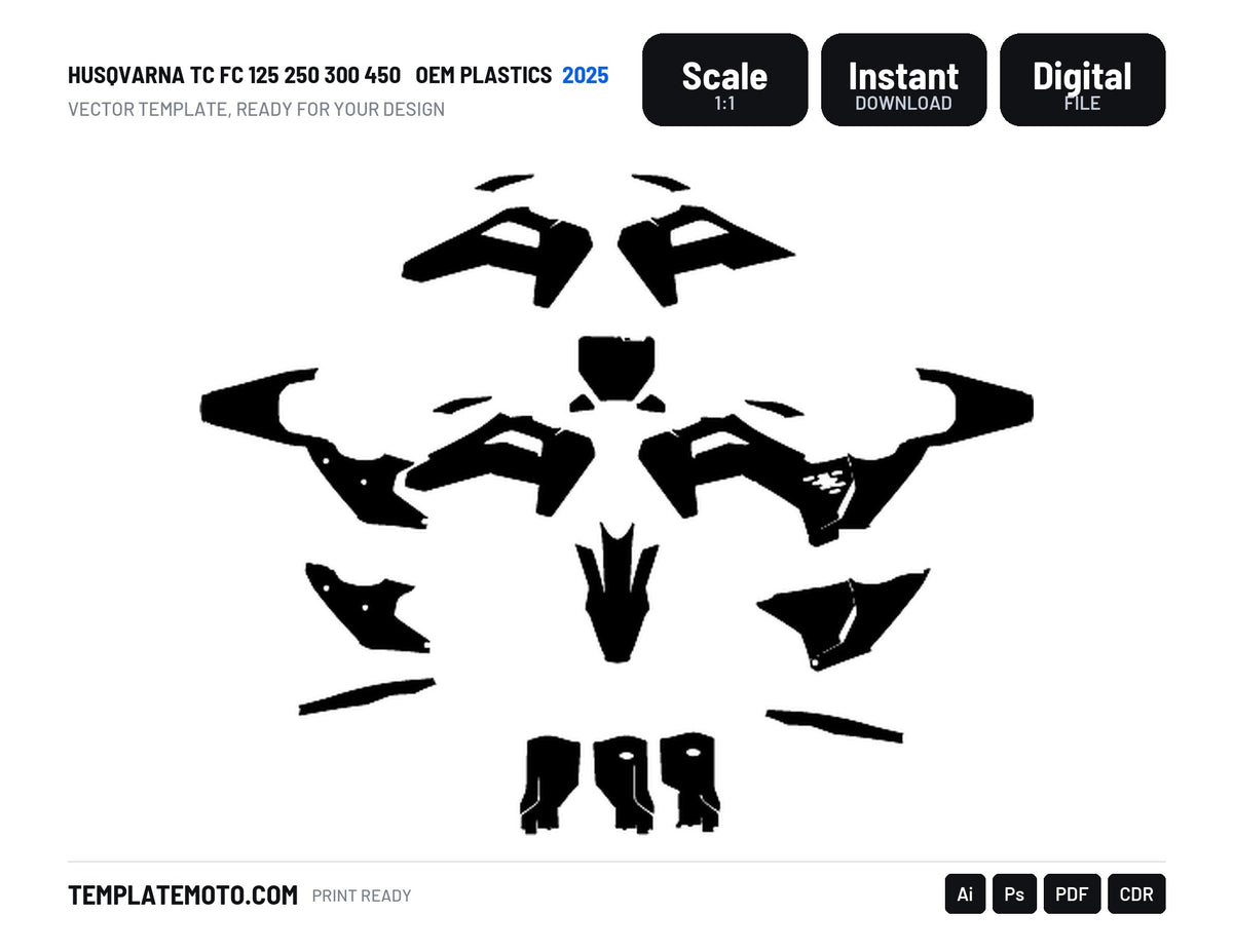 HUSQVARNA TC FC 125 250 300 450 2025 OEM PLASTICS Graphics Template Vector, scale 1:1 vector file