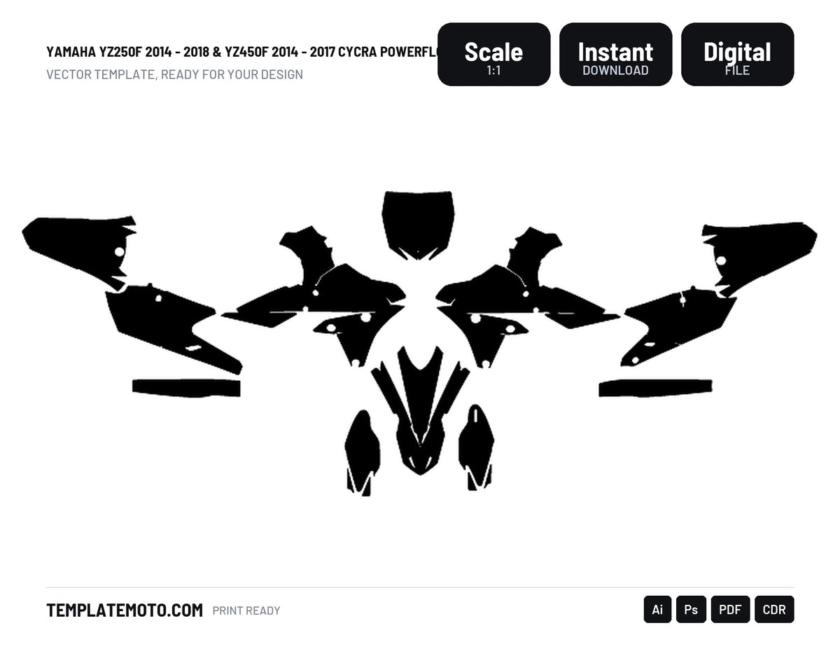 YAMAHA YZ250F 2014 - 2018 & YZ450F 2014 - 2017 CYCRA POWERFLOW Graphics Template Vector, scale 1:1 vector file