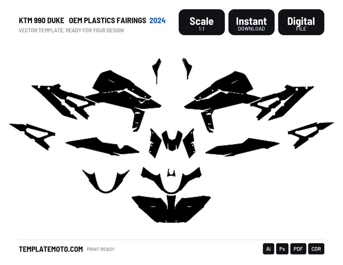 KTM 990 DUKE 2024 OEM PLASTICS FAIRINGS Graphics Template Vector, scale 1:1 vector file