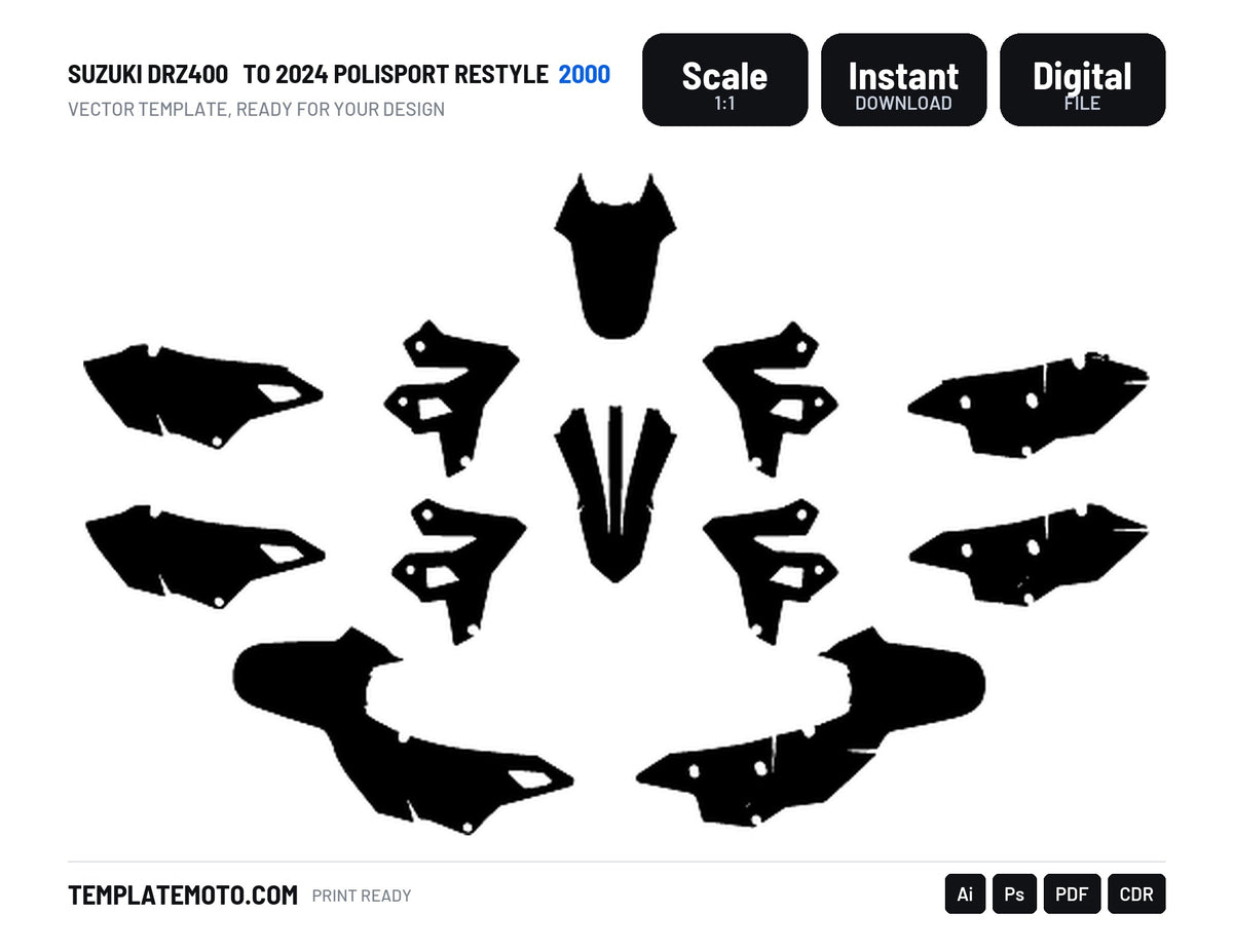 SUZUKI DRZ400 2000 TO 2024 POLISPORT RESTYLE Graphics Template Vector, scale 1:1 vector file