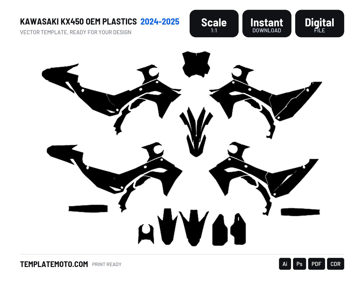KAWASAKI KX450 2024 2025 OEM PLASTICS Graphics Template Vector, scale 1:1 vector file