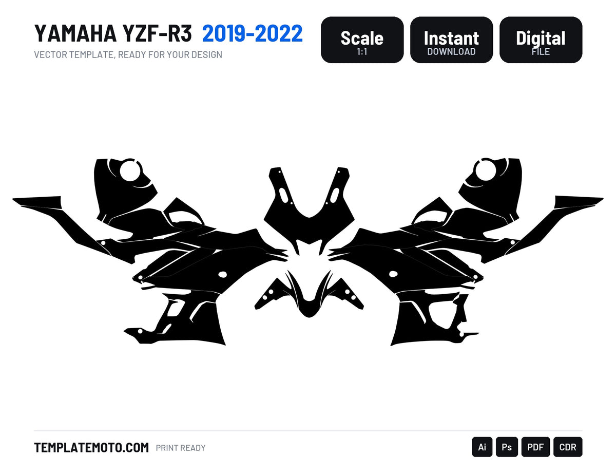 Yamaha YZF R3 2019-2022 Streetbike Graphics Template Vector, scale 1:1 vector file