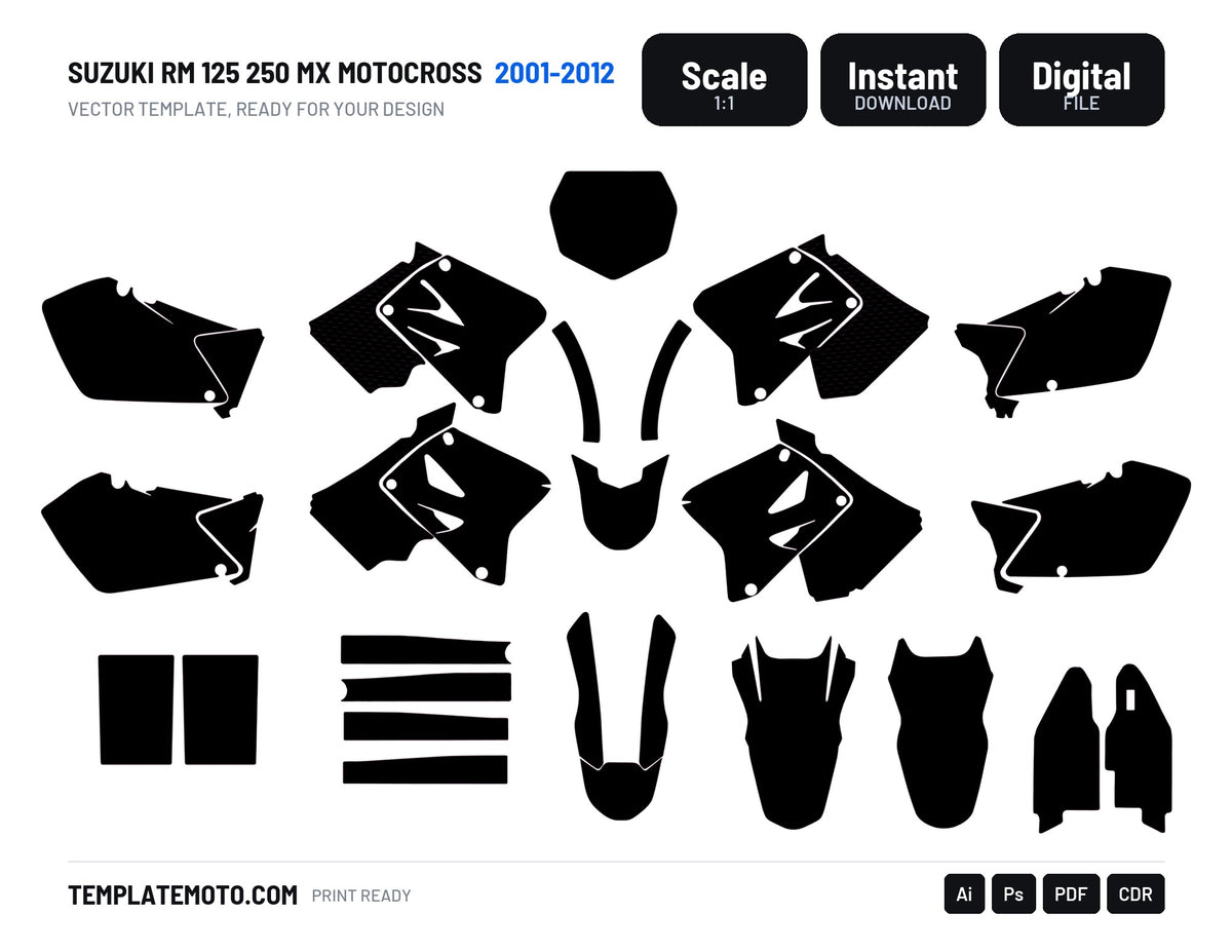 Suzuki RM 125 250 MX Motocross 2001 2002 Graphics Template, scale 1:1 vector file