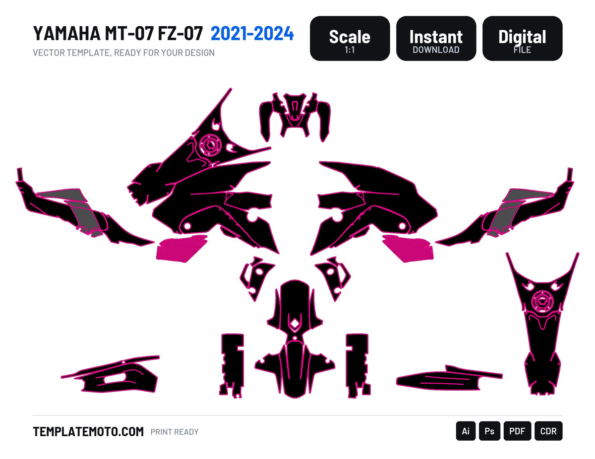 YAMAHA MT 07 MT07 2021-2023 Graphics Template Vector, scale 1:1 vector file