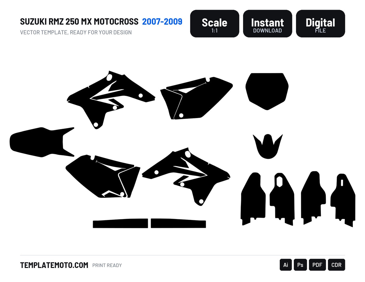 Suzuki RMZ 250 MX Motocross 2007 2008 2009 Graphics Template, scale 1:1 vector file