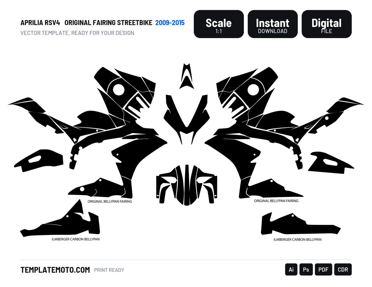 APRILIA RSV4 2009-2015 ORIGINAL FAIRING Streetbike Graphics Template Vector, scale 1:1 vector file