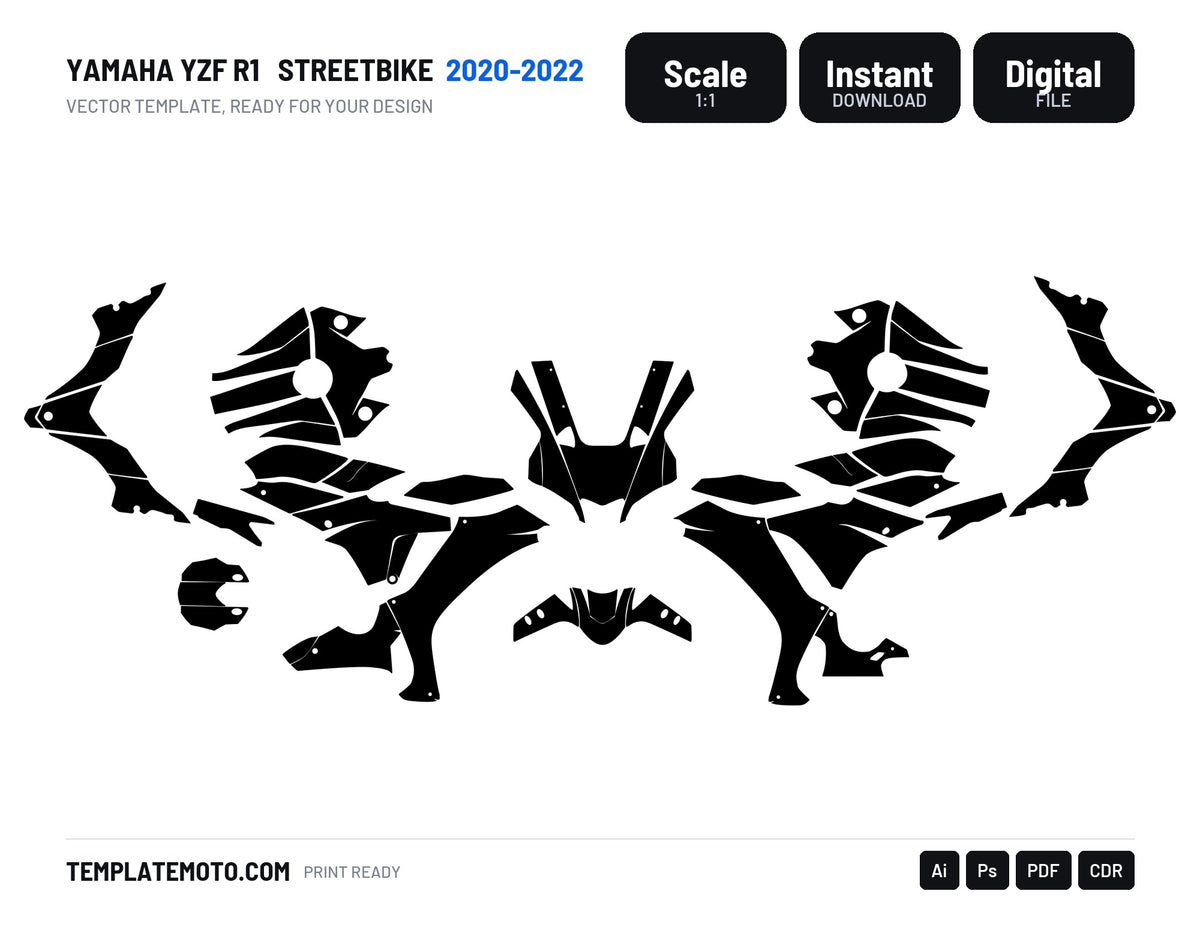 Yamaha YZF R1 (2020-2022) Streetbike Graphics Template Vector, scale 1:1 vector file