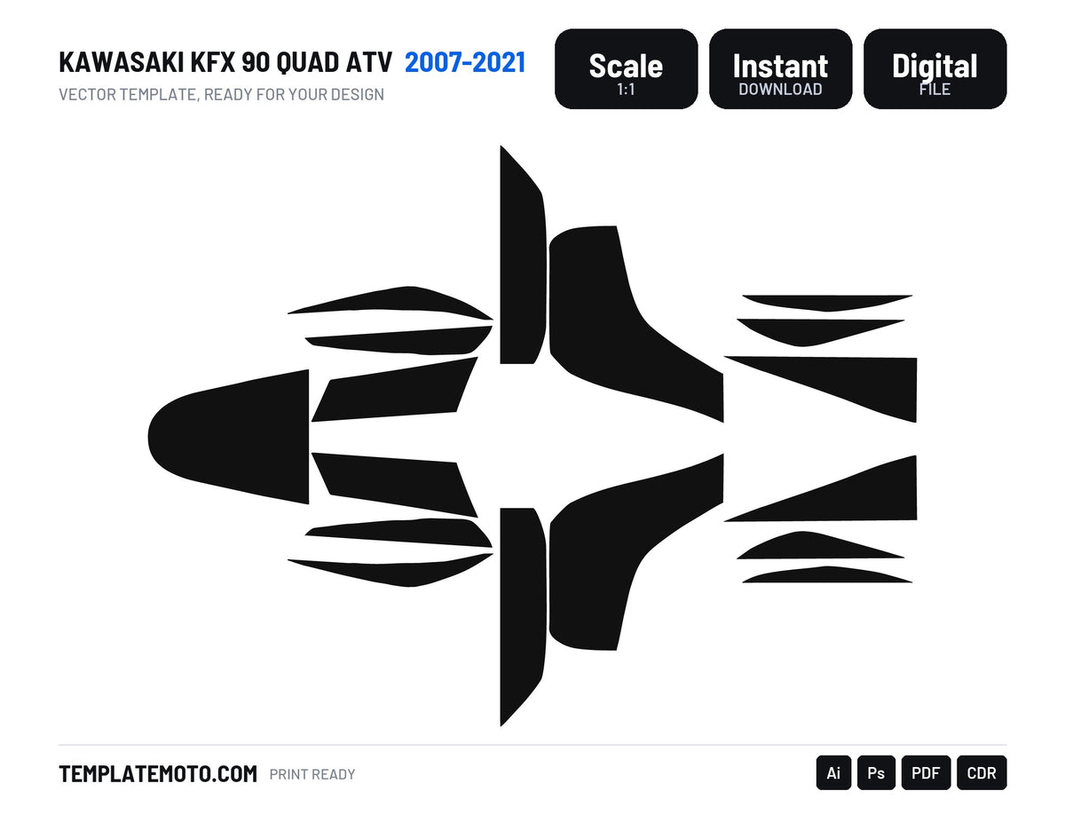 Kawasaki KFX 90 ATV Quad 2007 2008 2009 2010 2011 2012 2013 2014 2015 2016 2017 2018 2019 2020 2021 Graphics Template, scale 1:1 vector file
