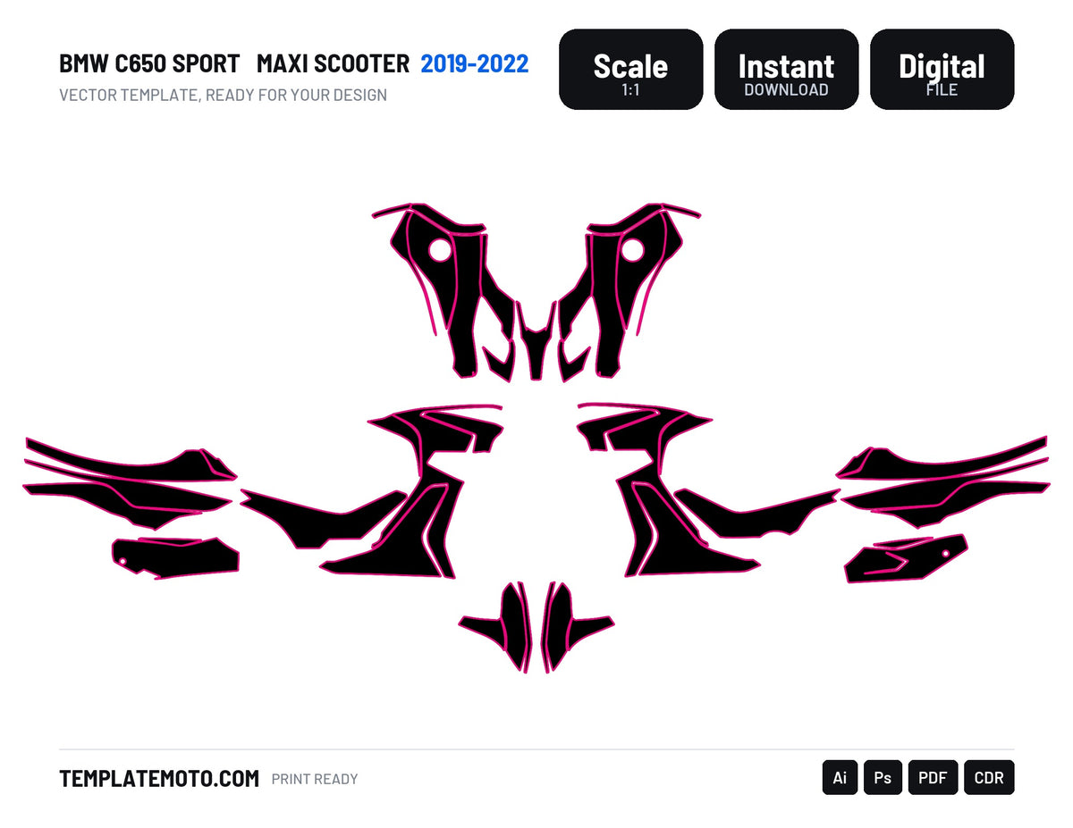 BMW C650 SPORT 2019-2022 Maxi Scooter Graphics Template Vector, scale 1:1 vector file