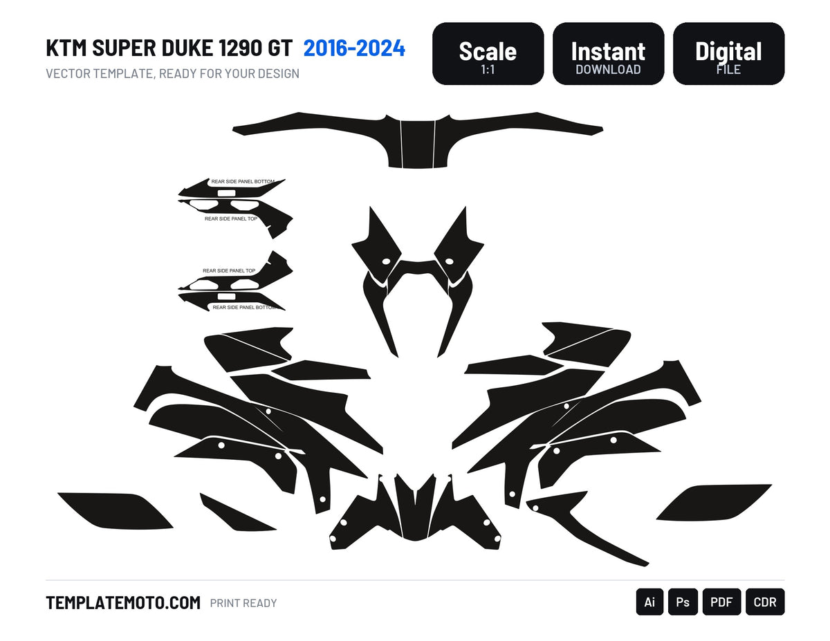 KTM SUPER DUKE 1290 GT 2016-2024 Template vector graphics, scale 1:1 vector file