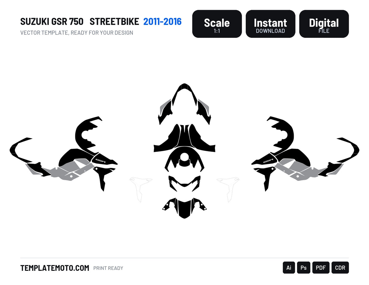 SUZUKI GSR 750 2011-2016 Streetbike Graphics Template Vector, scale 1:1 vector file