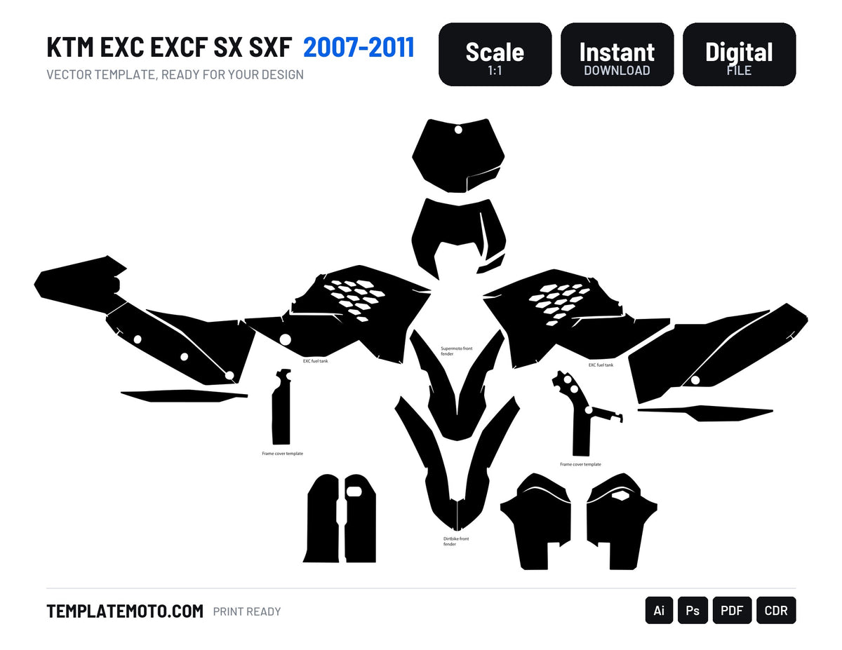 KTM EXC EXCF SX SXF 2007 2008 2009 2010 2011 Graphics Template, scale 1:1 vector file