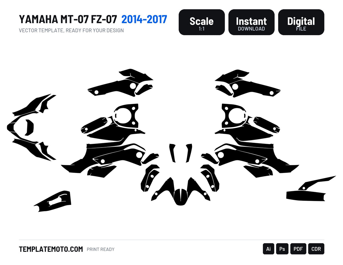 YAMAHA MT-07 (2014-2015-2016-2017) Streetbike Graphics Template Vector, scale 1:1 vector file