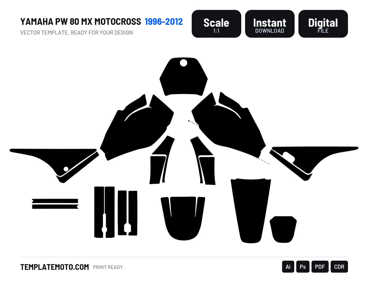 Yamaha PW 80 MX Motocross 1996 2012 Graphics Template, scale 1:1 vector file