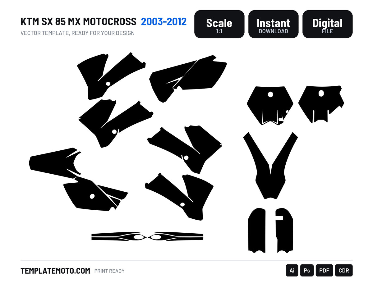KTM SX 85 MX Motocross 2003 2004 2005 2006 2007 2008 2009 2010 2011 2012 Graphics Template, scale 1:1 vector file
