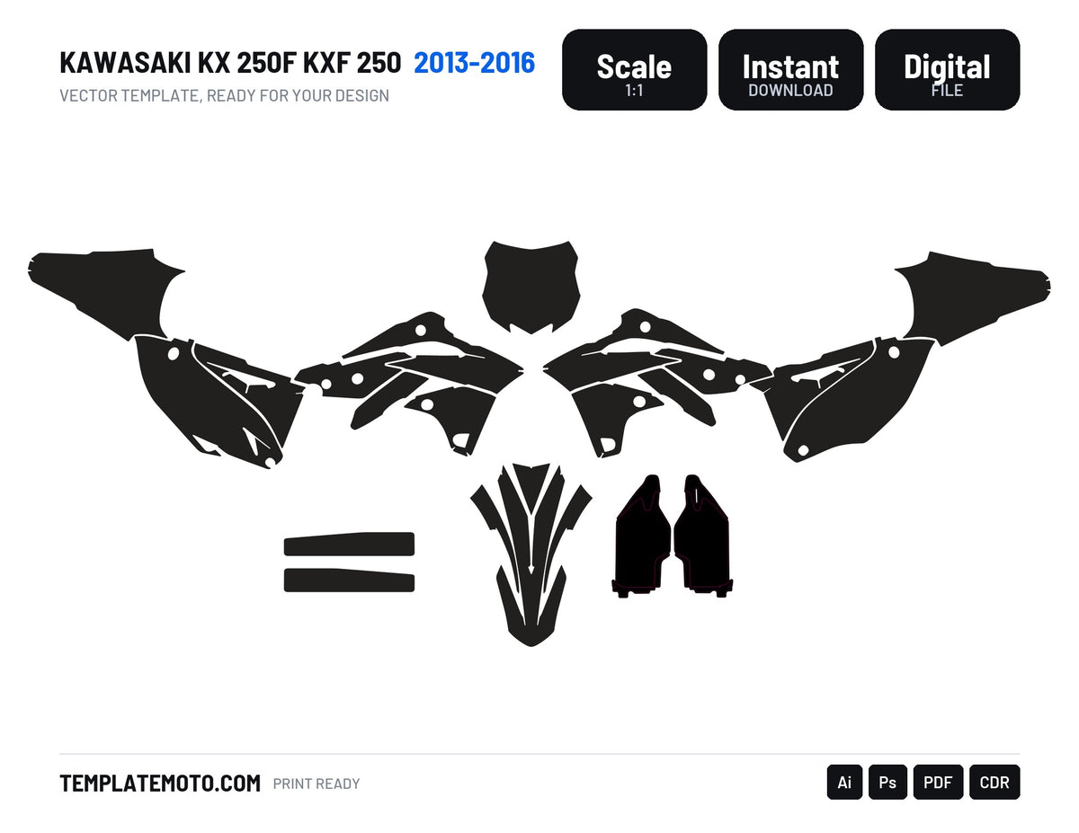 Kawasaki KXF 250 MX Motocross 2013 2014 2015 2016 Graphics Template, scale 1:1 vector file