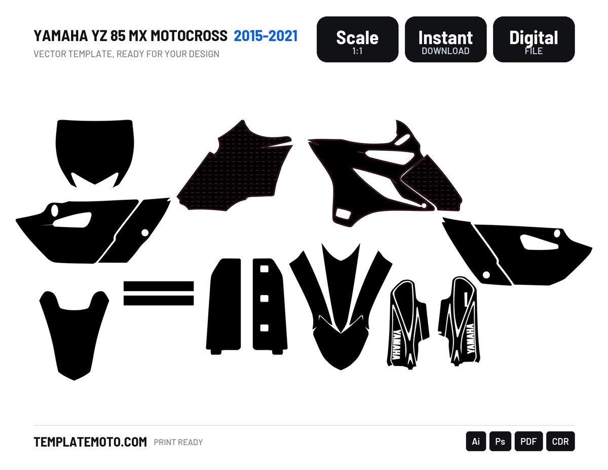 Yamaha YZ 85 MX Motocross 2015 2016 2017 2018 2019 2020 2021 Graphics Template, scale 1:1 vector file