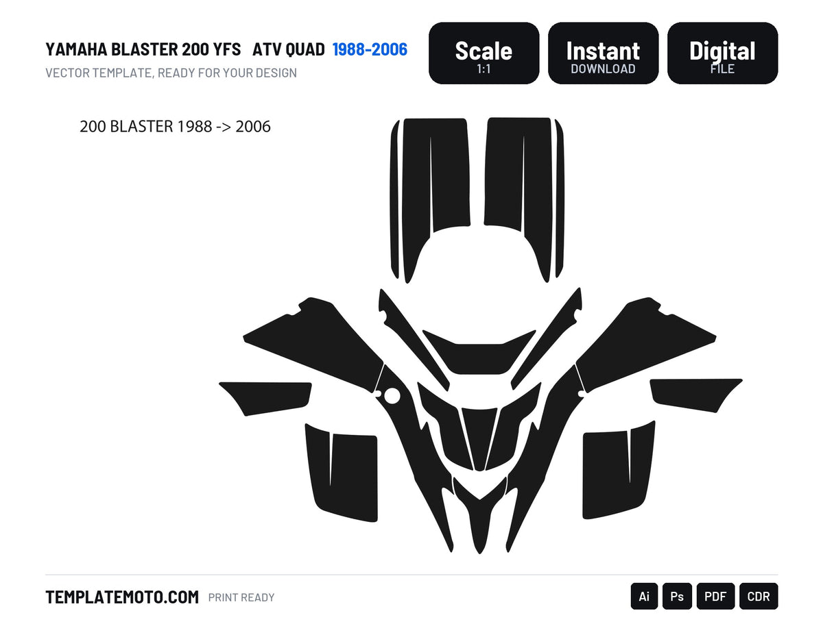 YAMAHA BLASTER 200 YFS 1988-2006 ATV Quad Graphics Template Vector, scale 1:1 vector file