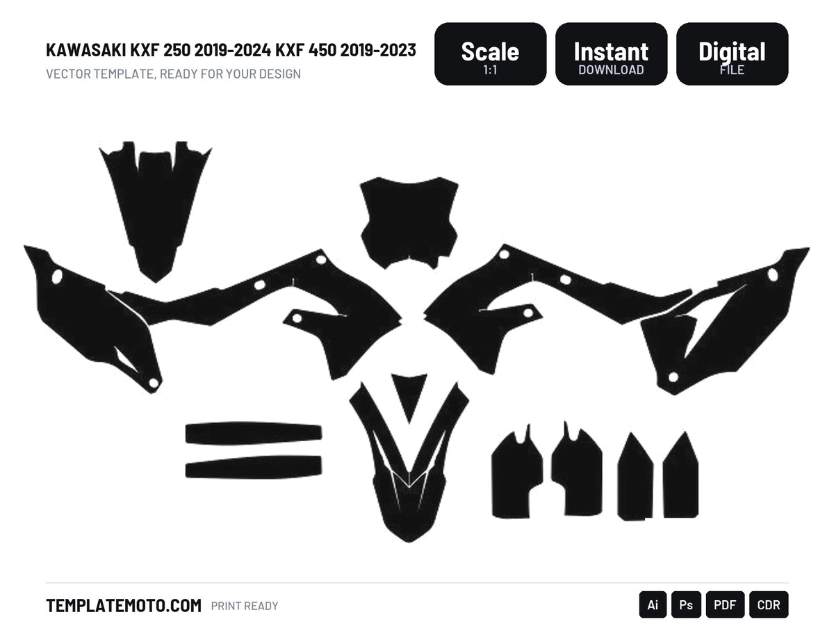 KAWASAKI KXF 250 2019-2024 KXF 450 2019-2023 Graphics Template Vector, scale 1:1 vector file