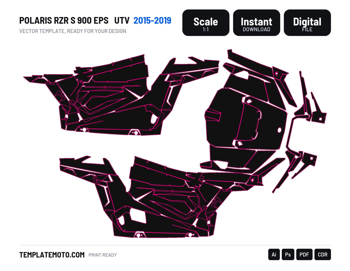 POLARIS RZR S 900 EPS 2015-2019 UTV Graphics Template Vector, scale 1:1 vector file