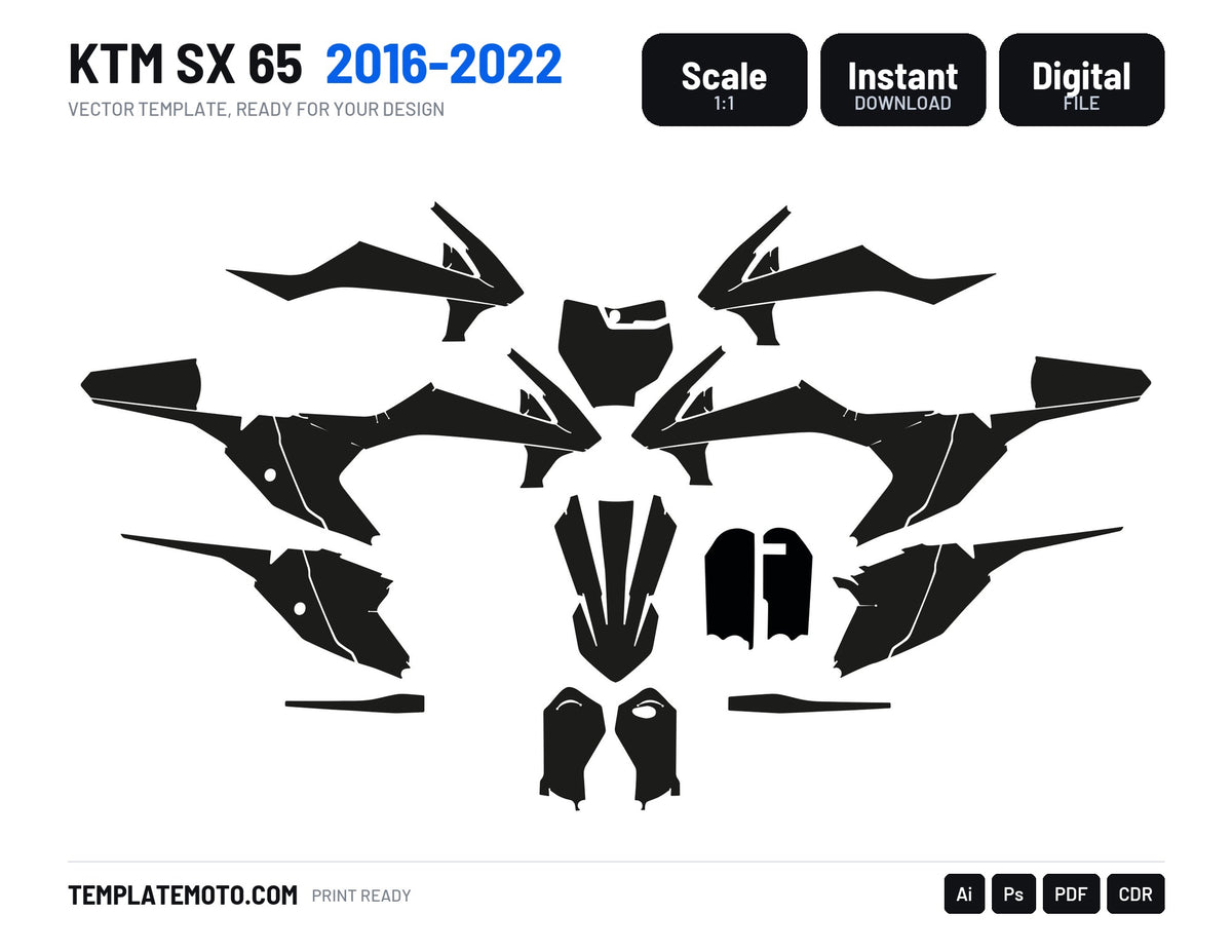 KTM SX 65 2016-2022 motocross graphics template, scale 1:1 vector file