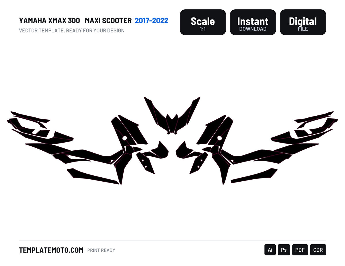 YAMAHA XMAX 300 2017-2022 Maxi Scooter Graphics Template Vector, scale 1:1 vector file