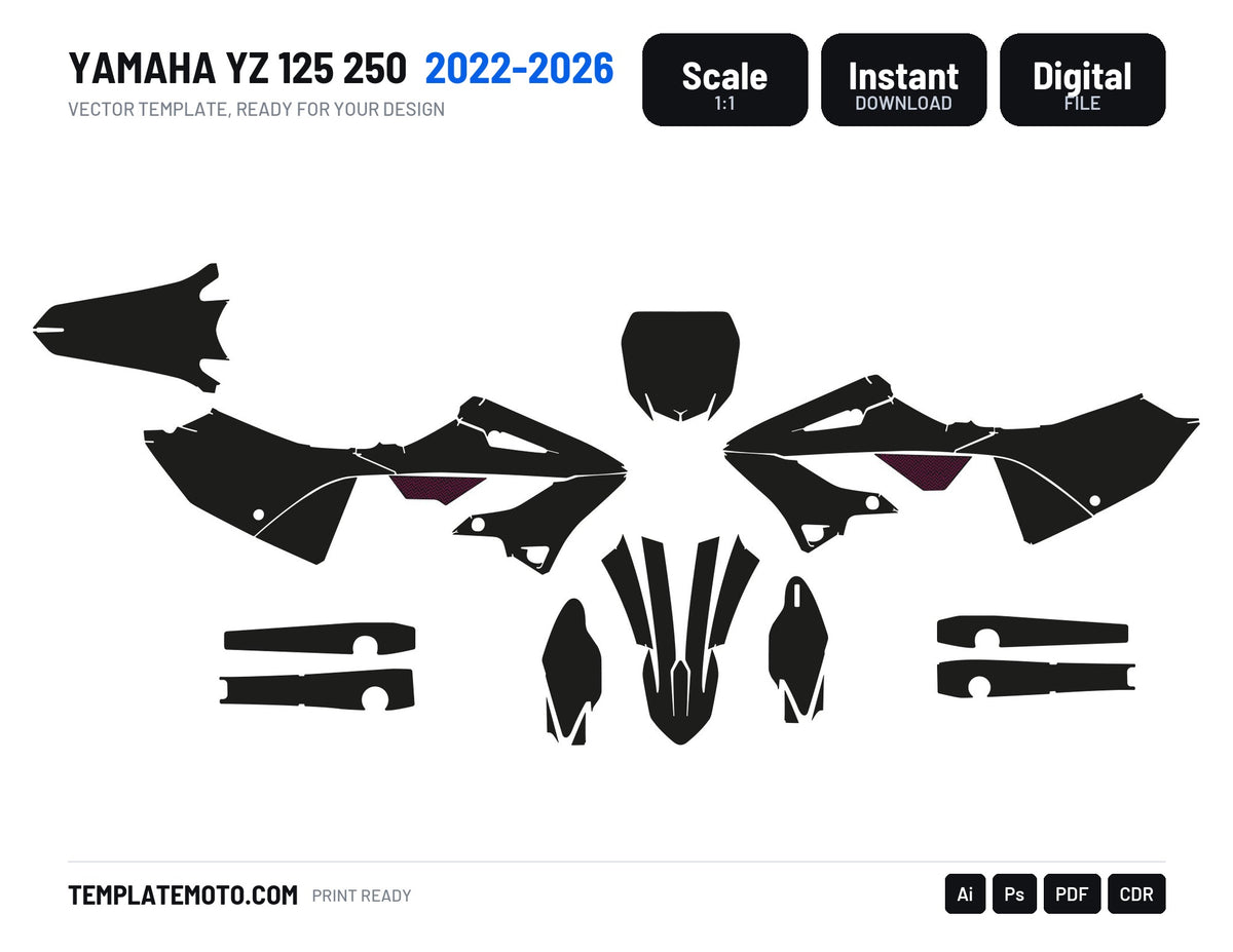 Yamaha YZ 125 250 2022-2026 motocross graphics template, scale 1:1 vector file