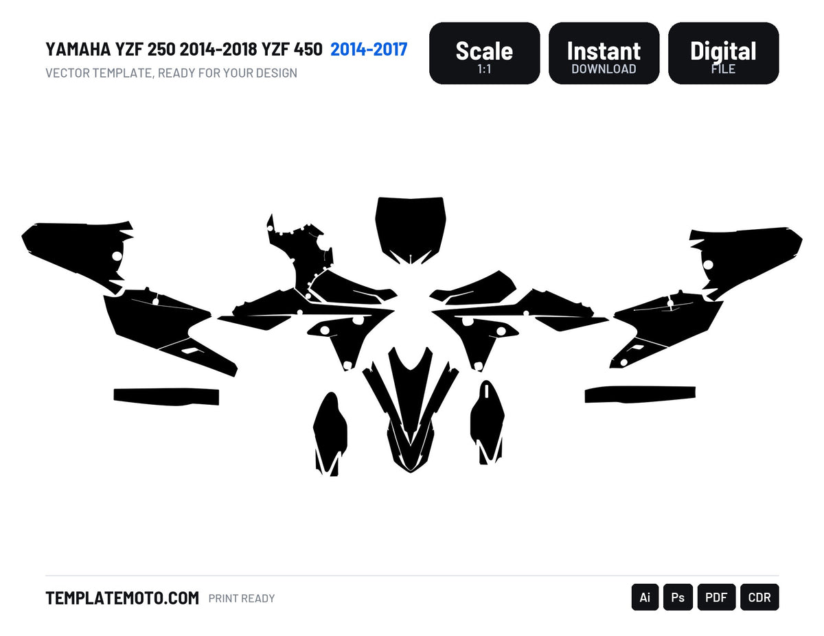 Yamaha YZF 250 2014-2018 YZF 450 2014-2017 motocross graphics template, scale 1:1 vector file