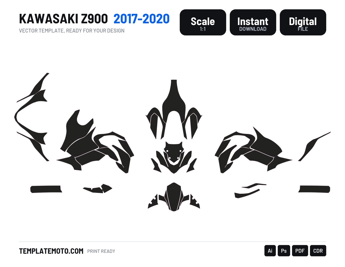 Kawasaki Z900 2017-2020 graphics template, scale 1:1 vector file